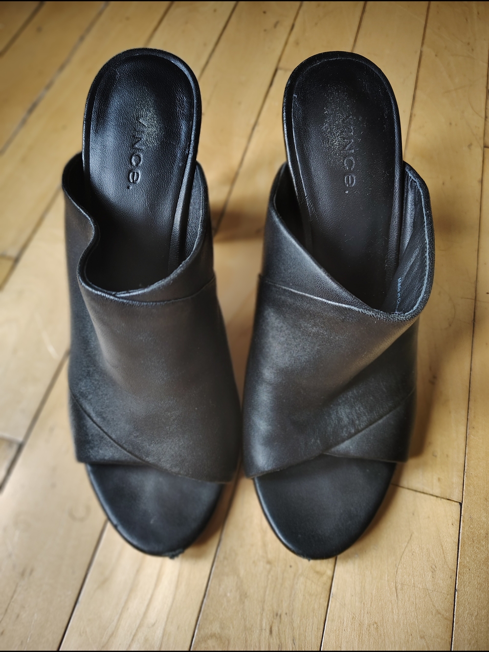 VINCE Black Leather Open-Toe Block Heels